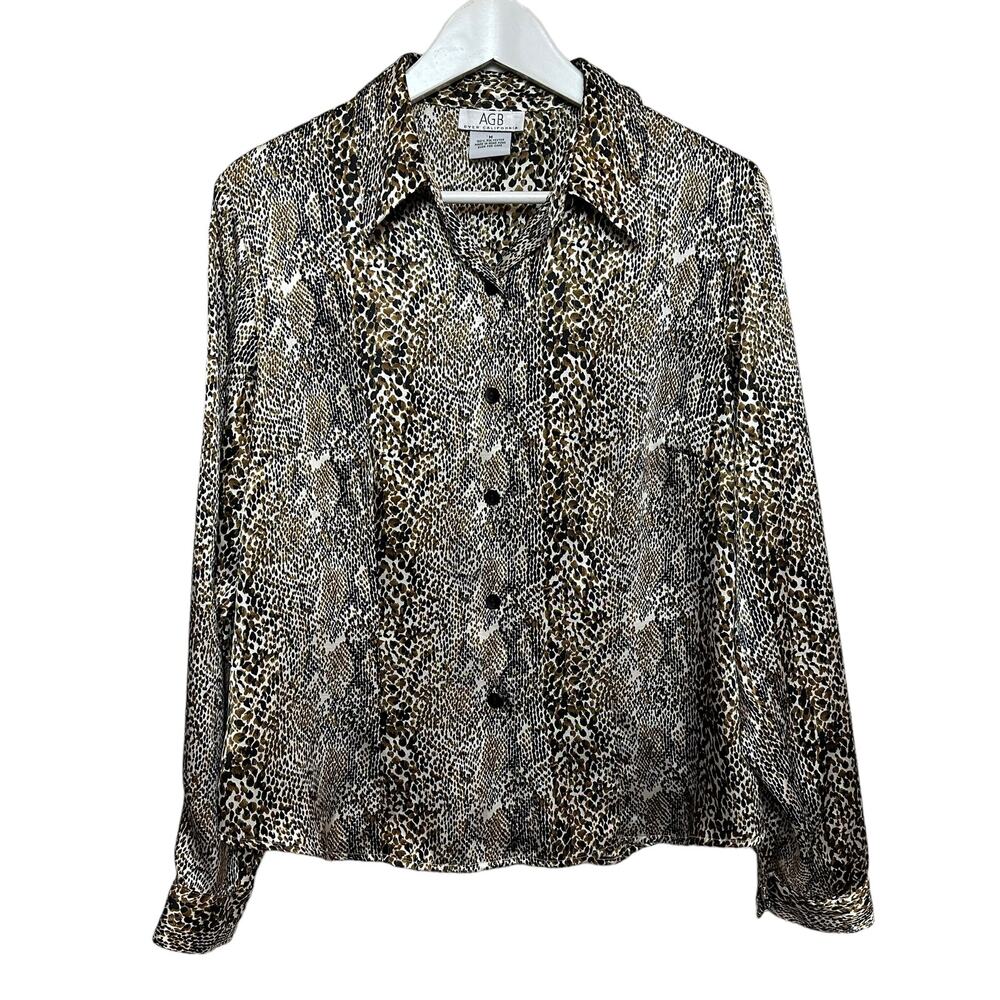 Y2K AGB Animal Print Satin Blouse Button Down Collared Shirt Black Brown Medium